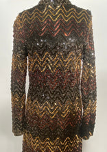 1970s Fully Sequined High Neck Chevron Maxi Dress