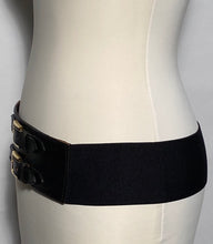 1980s Thick Black Leather Belt Snap Back Elastic Closure