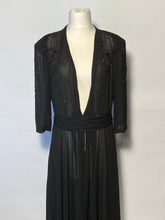 Late 1930s Shear Black Beaded Overlay VNeck Front Tie Back Sz 44