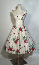 Early 1960s Cotton Full Circle Skirt Rose Floral Spaghetti Strap Dress McKay of Miami