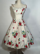 Early 1960s Cotton Full Circle Skirt Rose Floral Spaghetti Strap Dress McKay of Miami