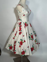 Early 1960s Cotton Full Circle Skirt Rose Floral Spaghetti Strap Dress McKay of Miami