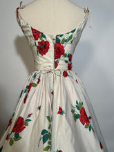 Early 1960s Cotton Full Circle Skirt Rose Floral Spaghetti Strap Dress McKay of Miami
