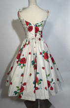 Early 1960s Cotton Full Circle Skirt Rose Floral Spaghetti Strap Dress McKay of Miami