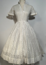 1950s Cotton Full Circle White Lace Eyelet Shirt Day Dress