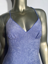 1970s Purple Criss Cross Back Slit Front  Ribbed Terrycloth Maxi Dress
