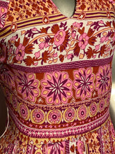 1970s Patterned Floral Pink Yellow and Melon Colored Maxi Dress