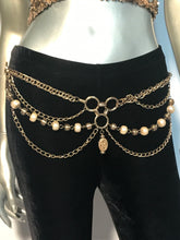 Heavy Goldtone & Pearl Colored Embossed Spacers 4 Layered Chain Belt