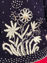 1960s Navy Blue Embe Lambs Wool Hand Beaded Cardigan Size 38