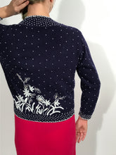 1960s Navy Blue Embe Lambs Wool Hand Beaded Cardigan Size 38
