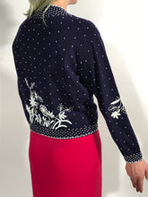 1960s Navy Blue Embe Lambs Wool Hand Beaded Cardigan Size 38