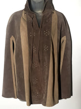 Perforated  Mexican Leather Suede Two Tone Color Block Cape Poncho Hippie Chic