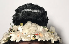 Black Floral Straw Track Easter Hat Black Netting Top