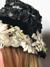Black Floral Straw Track Easter Hat Black Netting Top