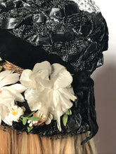 Black Floral Straw Track Easter Hat Black Netting Top