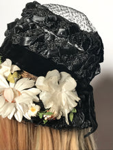 Black Floral Straw Track Easter Hat Black Netting Top