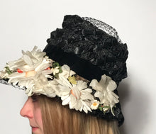 Black Floral Straw Track Easter Hat Black Netting Top