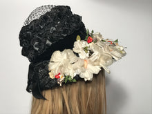 Black Floral Straw Track Easter Hat Black Netting Top