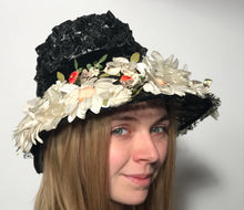 Black Floral Straw Track Easter Hat Black Netting Top