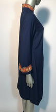 Vintage 1970s Navy Hand Embroidered Shift Naru Style Bell Sleeve