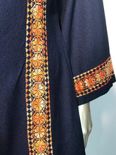 Vintage 1970s Navy Hand Embroidered Shift Naru Style Bell Sleeve