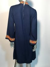 Vintage 1970s Navy Hand Embroidered Shift Naru Style Bell Sleeve